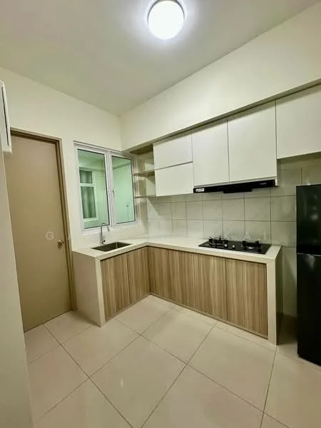 Kitchen features: white upper cabinets, wooden lower cabinets, stainless-steel sink, chrome pull-down faucet, black built-in gas hob, white tiled backsplash, white countertop, fridge, window with sliding glass, cream painted walls, tile flooring, ceiling light; style: modern.