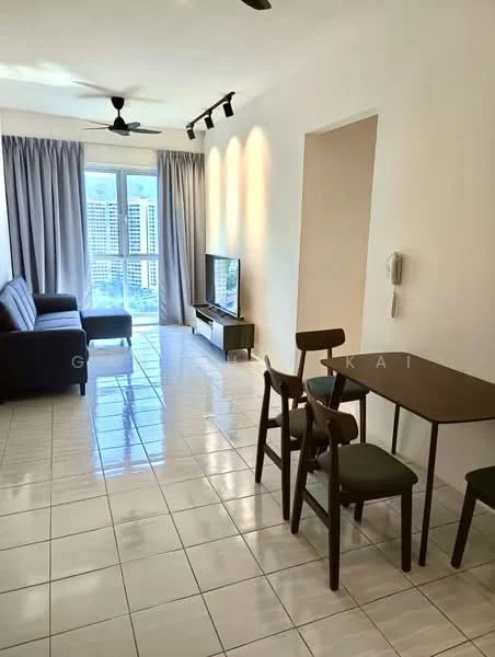 Living features: 3-seater fabric sofa in dark grey, floor-to-ceiling windows, white painted walls, glossy white tile flooring, 2-blade ceiling fan, wall-mounted TV, TV console, area rug, curtains, dining table with 2 chairs; style: modern; view: city.