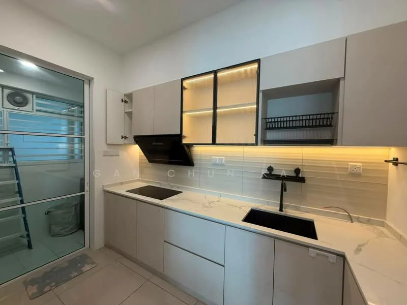 Kitchen features: white cabinetry with flat-panel design, black countertop with marble pattern, double-bowl black sink, chrome pull-down faucet, built-in black range hood, tile backsplash with white horizontal pattern, open shelving above countertop, under-cabinet LED lighting, ceramic tile flooring, wall-mounted storage rack; style: modern.