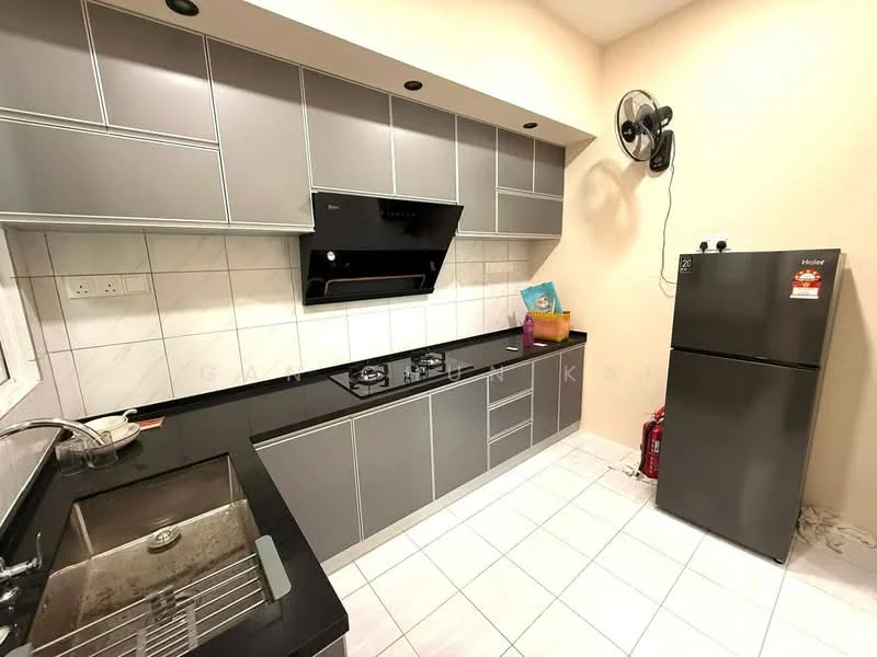 Kitchen features: grey cabinetry, black countertop, stainless-steel sink, chrome pull-down faucet, built-in gas hob with 2 burners, black range hood, white tiled backsplash, white tiled flooring, fridge, wall-mounted fan; style: modern.