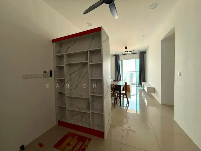Room features: white painted walls, glossy beige tile flooring, ceiling fan, built-in shelving unit with marble pattern, dining table with chairs, floor-to-ceiling windows, curtains, open layout; style: modern; view: city.