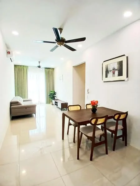 Living features: 5-blade ceiling fan with light, sofa in light grey fabric, wooden dining table, 2 wooden dining chairs with cushions, 2 additional wooden chairs, large floor-to-ceiling windows, curtains in green, light-colored walls, glossy tile flooring, decorative wall art, indoor plant in ceramic pot; style: modern; view: garden.