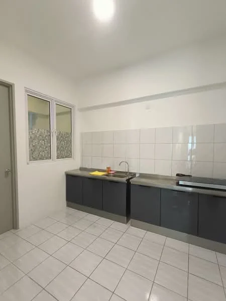 Kitchen features: grey cabinetry, stainless-steel countertop, single-bowl stainless-steel sink, chrome pull-down faucet, white tiled backsplash, white tiled walls, white ceramic tile flooring, window with grid pattern, light fixture on ceiling; style: modern.