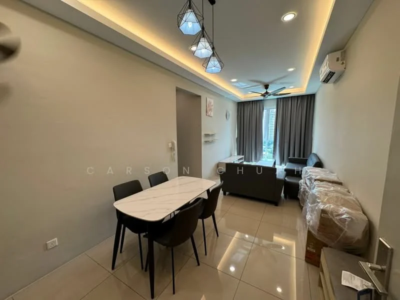 Living features: white painted walls, recessed ceiling with LED lighting, marble tile flooring, 5-blade ceiling fan with light, sofa in grey fabric, dining table with white marble top, 4 black dining chairs, window with grey curtains, wall-mounted air conditioning unit, decorative wall art; style: modern; view: city.