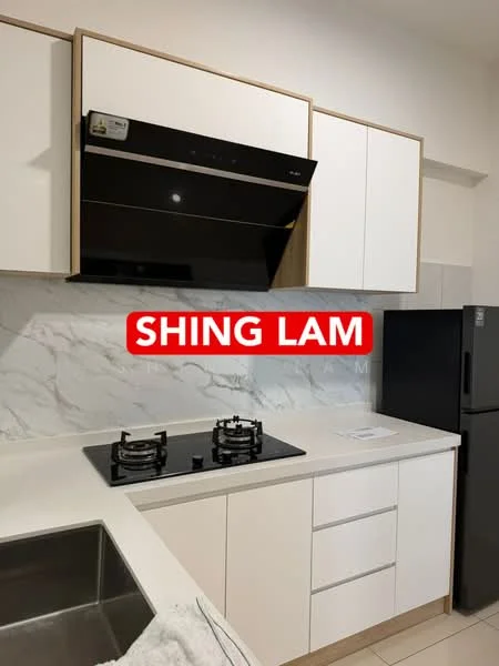 Kitchen features: white cabinetry, black range hood, marble backsplash, gas cooktop with two burners, stainless-steel sink, countertop with integrated space for appliances, black refrigerator; style: modern.