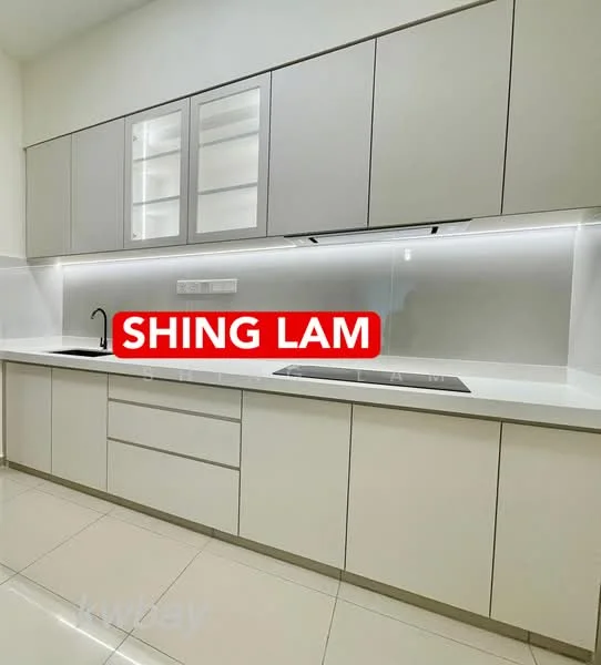 Kitchen features: white cabinetry with flat-panel doors, stainless-steel sink, chrome pull-down faucet, white quartz countertop, glass backsplash, built-in oven, induction cooktop, recessed LED downlights, tile flooring, open shelving, integrated range hood, under-cabinet lighting; style: modern.