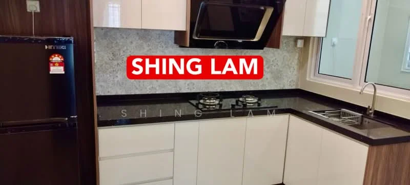 Kitchen features: black granite countertop, white flat-panel cabinets, stainless-steel sink, chrome pull-down faucet, built-in oven, freestanding range oven, two-burner gas hob, black backsplash, refrigerator, wall-mounted range hood, window with white frame; style: modern.