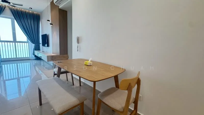 Dining features: wooden dining table, 2 wooden chairs, bench seating, wall-mounted TV, floor-to-ceiling windows, curtains, light-colored walls, glossy tile flooring, air conditioning unit; style: modern; view: city.