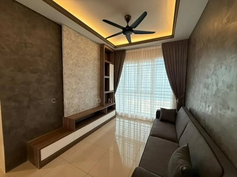Living features: grey fabric sofa, ceiling fan with light, recessed lighting, wall-mounted shelving unit, decorative feature wall with textured finish, floor-to-ceiling windows, sheer curtains, glossy tile flooring, crown moulding; style: modern; view: city.