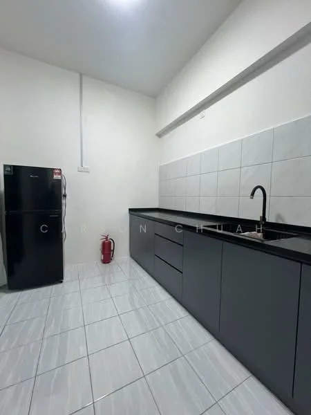 Kitchen features: black granite countertop, grey cabinetry, single-bowl stainless-steel sink, black gooseneck faucet, white tiled backsplash, white tiled flooring, stainless-steel fridge, fire extinguisher; style: modern.