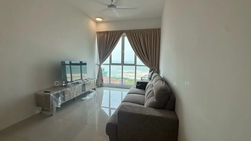 Living features: 3-seater fabric sofa in grey, TV console, wall-mounted TV, floor-to-ceiling windows, curtains, ceiling fan, marble tile flooring, neutral painted walls, view of the sea; style: modern; view: sea.