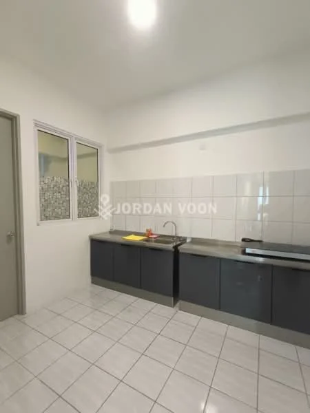 Kitchen features: grey cabinetry, stainless-steel sink, chrome faucet, white tiled backsplash, white wall tiles, grey countertop, ceramic tile flooring, window with grid pattern, kitchen appliances, open layout; style: modern.