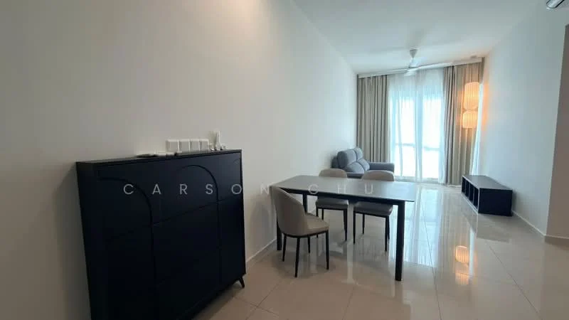 Living features: white painted walls, glossy tile flooring, 5-blade ceiling fan, floor-to-ceiling windows, sheer curtains, sofa in grey, dining table with 4 chairs, sideboard in black, decorative pendant light, TV console in black; style: modern; view: city.