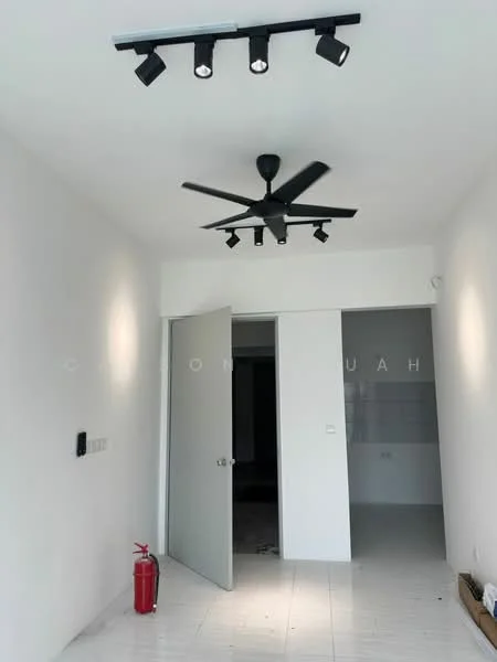 Room features: white painted walls, tile flooring, 5-blade ceiling fan, track lighting with multiple spotlights, fire extinguisher, double door, door frame, open space layout; style: modern.