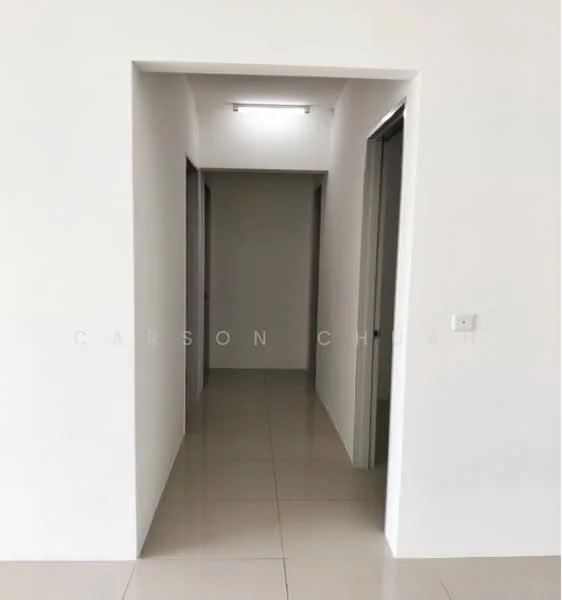 Room features: white painted walls, glossy tile flooring, recessed ceiling lights, door frames, open hallway layout; style: modern.