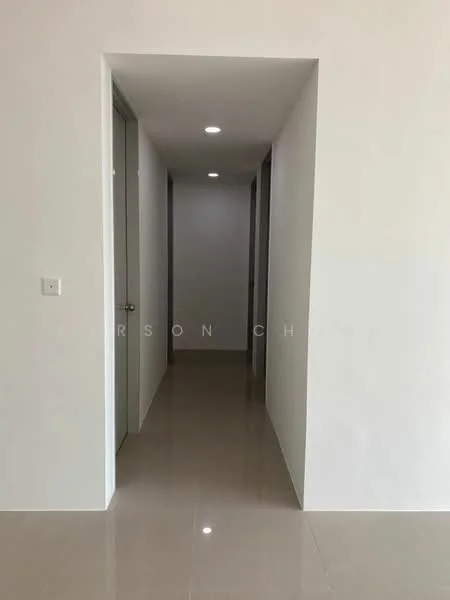 Hallway features: white painted walls, glossy tile flooring, recessed downlights, doorway openings, neutral color scheme; style: modern.