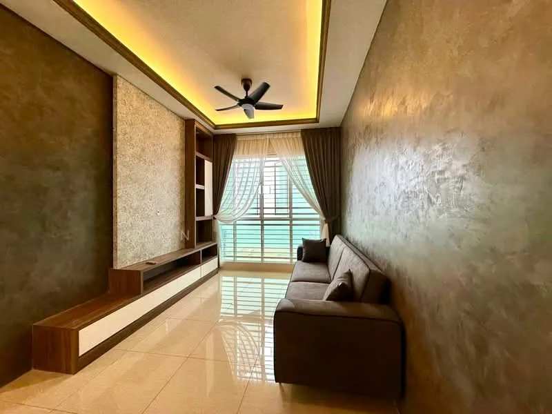 Living features: sofa in grey fabric, wall-mounted TV console, built-in shelving unit, floor-to-ceiling windows, sheer curtains, recessed LED downlights, 5-blade ceiling fan, glossy tile flooring, decorative wall with textured finish, crown moulding, natural light from windows; style: modern; view: city.