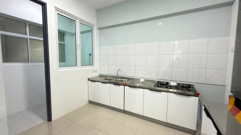 Kitchen features: white cabinetry with flat-panel doors, stainless-steel countertop, double-basin stainless-steel sink, chrome pull-down faucet, 2-burner gas hob, white tiled backsplash, white wall tiles, ceramic tile flooring, floor-to-ceiling window, natural light from window; style: modern.