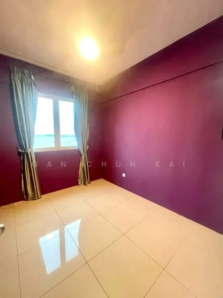 Room features: purple painted walls, glossy tile flooring, floor-to-ceiling window, sheer curtains, ceiling light, corner wall, no visible furniture; view: sea.