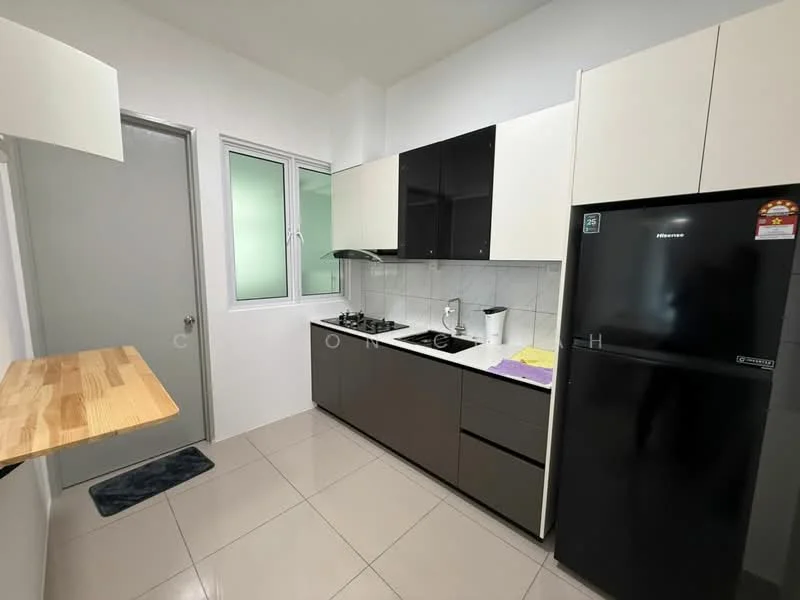 Kitchen features: black and white cabinetry, stainless-steel sink, chrome pull-down faucet, 4-burner gas hob, built-in oven, black refrigerator, white tiled backsplash, grey countertop, wall-mounted range hood, window above sink, light-colored wall, tile flooring; style: modern.