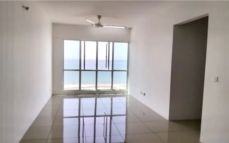 Living features: white painted walls, glossy tile flooring, floor-to-ceiling windows, sliding glass door, 5-blade ceiling fan, ocean view; style: modern; view: sea.