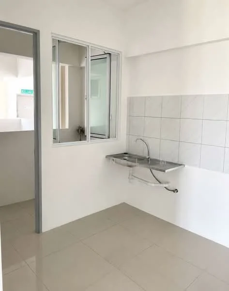 Laundry features: single-bowl stainless-steel sink, chrome pull-down faucet, white tiled backsplash, light beige tiled flooring, white painted walls, window with sliding glass, open layout, counter space; style: modern.