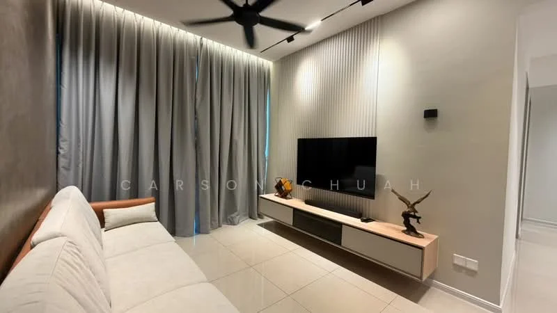 Living features: light grey walls, white ceiling, recessed LED downlights, 5-blade ceiling fan, large window with sheer curtains, flat-panel TV mounted on wall, light wood TV console, decorative sculpture on console, cream-colored sofa, tile flooring; style: modern.