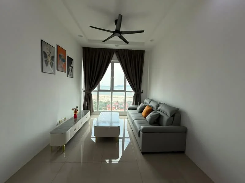 Living features: grey leather sofa, 3-seater sofa, white coffee table, floor-to-ceiling windows, curtains in dark grey, wall-mounted artwork, ceiling fan with light, glossy tile flooring, decorative vase, orange accent cushions; style: modern; view: city.