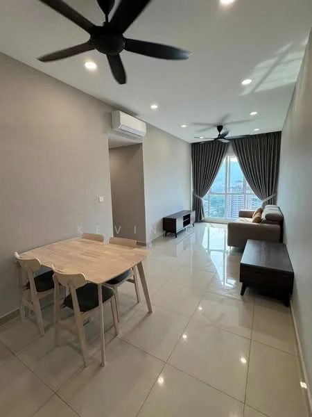 Living features: grey painted walls, white ceiling, recessed downlights, 2-blade ceiling fan, 2-blade ceiling fan, large floor-to-ceiling windows, curtains, light-colored sofa, wooden coffee table, TV console, dining table with 4 chairs, glossy tile flooring, air conditioning unit; style: modern; view: city.
