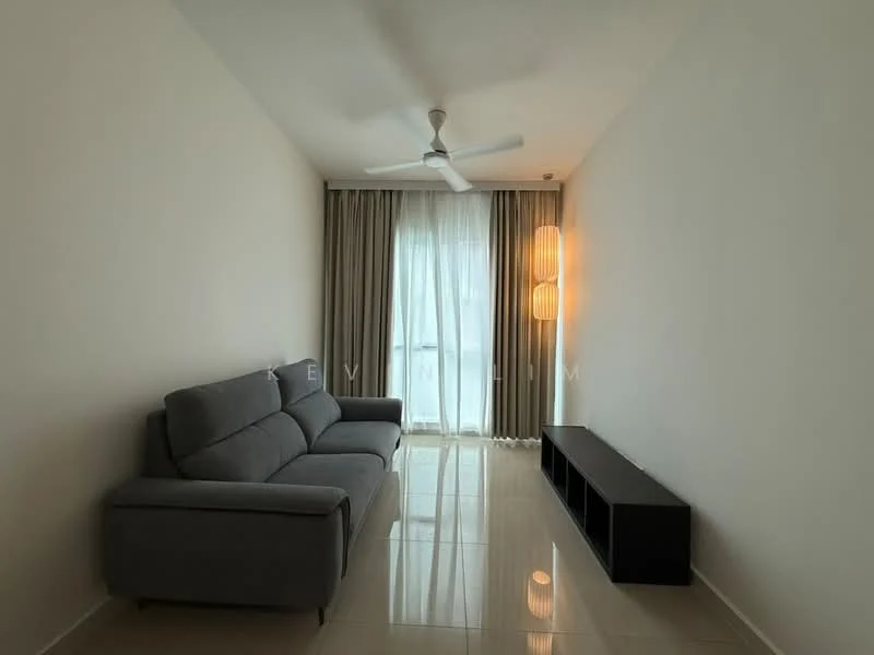 Living features: 3-seater fabric sofa in grey, floor-to-ceiling windows, sheer curtains, light wood TV console, pendant lamp, ceiling fan, glossy tile flooring, neutral painted walls; style: modern.