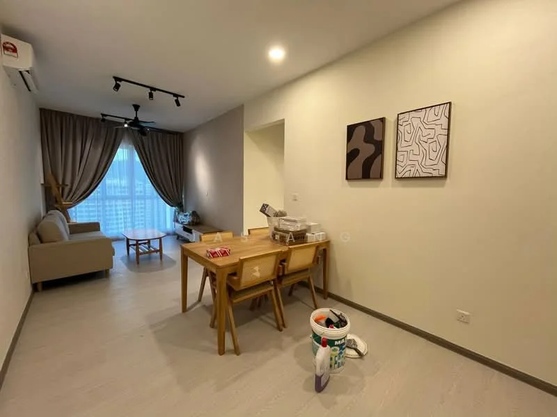 Living features: 3-seater fabric sofa in beige, wooden dining table with 4 chairs, floor-to-ceiling windows, curtains in light brown, recessed downlights, ceiling fan, decorative wall art, light-colored laminate flooring, open layout, wall-mounted air conditioning unit; style: modern; view: city.