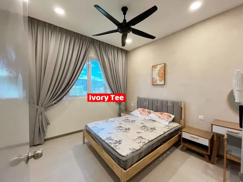 Bedroom features: king-size bed, upholstered headboard, bedside tables, table lamps, floor-to-ceiling window, curtains, ceiling fan, light-colored walls, wooden flooring, decorative artwork; style: modern; view: city.