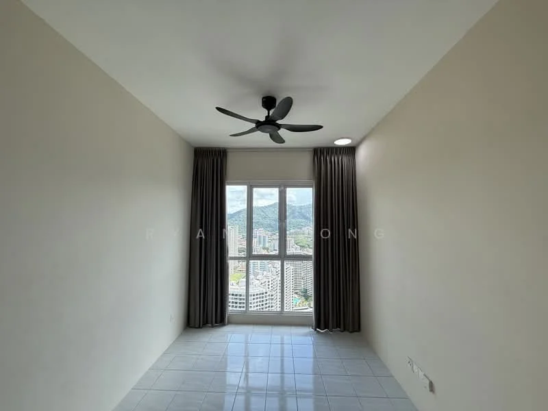 Room features: white painted walls, grey tiled flooring, 5-blade ceiling fan, floor-to-ceiling windows, curtains in dark grey, mountain view; style: modern; view: mountain.