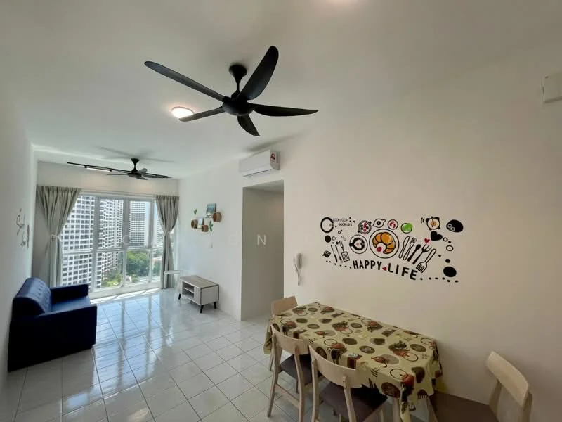Living features: 3-blade ceiling fan, recessed LED downlights, blue fabric sofa, dining table with patterned tablecloth, 4 dining chairs, white painted walls, white tiled flooring, floor-to-ceiling windows, curtains, wall-mounted air conditioning unit, decorative wall art with kitchen utensils theme; style: modern; view: city.