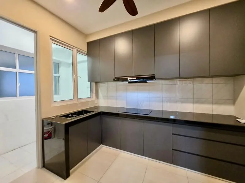 Kitchen features: black cabinetry, black countertop, stainless-steel sink, chrome pull-down faucet, built-in oven, stainless-steel range hood, ceramic tile flooring, white tiled backsplash, window with white frame, ceiling fan, recessed downlights; style: modern.