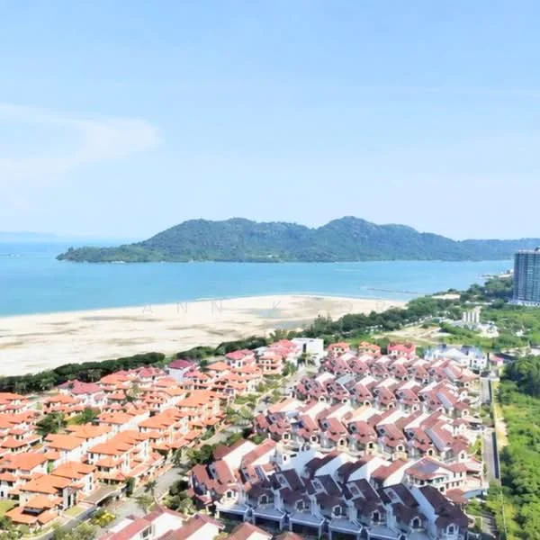 Exterior type: linked terrace house; features: red tiled roofs, two-storey houses, manicured lawns, surrounded by greenery, beachfront view, mountain view in background, nearby water body, urban context; style: modern.