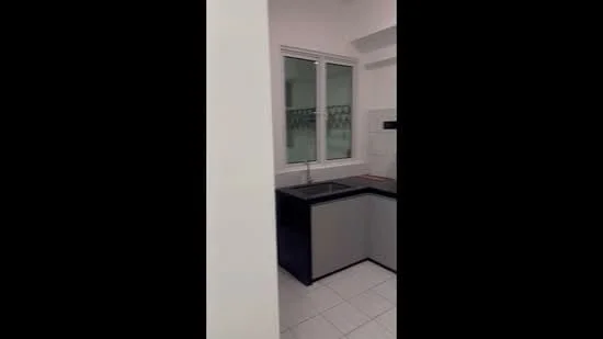 Kitchen features: black countertop, grey cabinetry, single-bowl stainless-steel sink, chrome pull-down faucet, tile backsplash, white tiled flooring, floor-to-ceiling window, natural light; style: modern.
