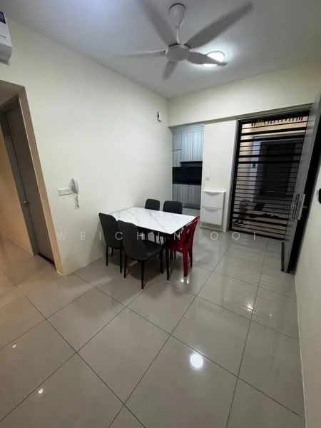 Dining features: white dining table, 4 grey upholstered dining chairs, 2 red plastic dining chairs, wall-mounted air conditioning unit, glossy tile flooring, neutral painted walls, ceiling fan, sliding glass door, window with security grille; style: modern.