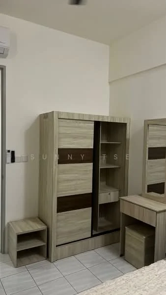 Room features: built-in wardrobe with wooden finish, light wood cabinetry, dark wood accents, small bedside table, desk with drawer, white tiled flooring, wall-mounted air conditioning unit, neutral wall color; style: modern.