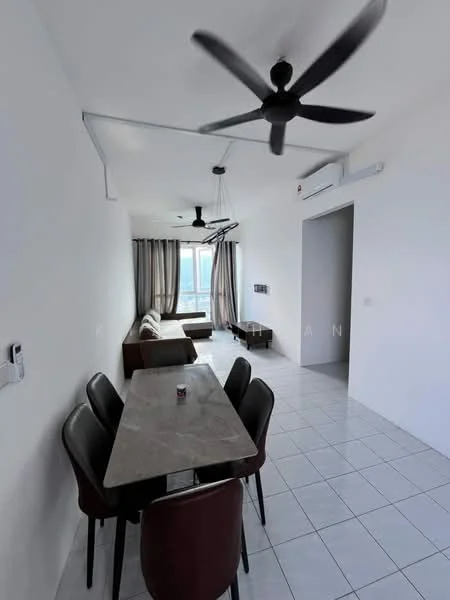 Dining features: 4-seater dining table with marble top, black dining chairs, white walls, white tiled flooring, 2 ceiling fans, floor-to-ceiling windows, curtains, sofa in living area visible, air conditioning unit on wall; style: modern; view: city.