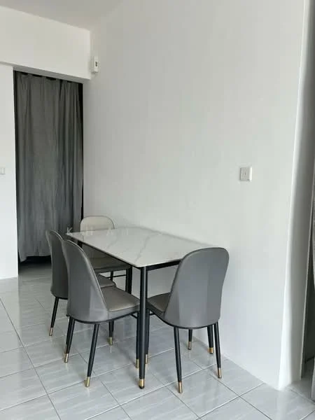 Dining features: marble dining table, 4 grey upholstered dining chairs, white painted walls, glossy tile flooring, curtains, wall-mounted light switch; style: modern.