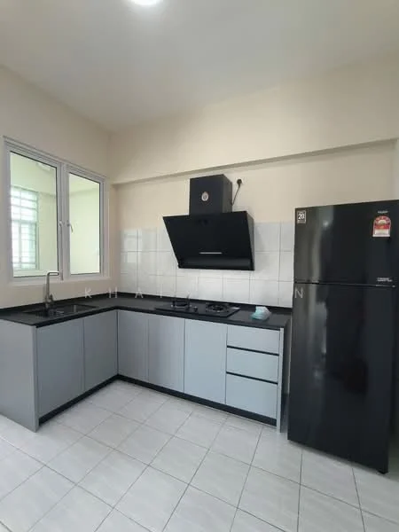 Kitchen features: black granite countertop, grey cabinetry with flat-panel doors, stainless-steel sink, chrome pull-down faucet, built-in gas hob with two burners, black exhaust hood, black refrigerator, white tiled backsplash, white tiled flooring, window with grid pattern, natural light from window; style: modern.