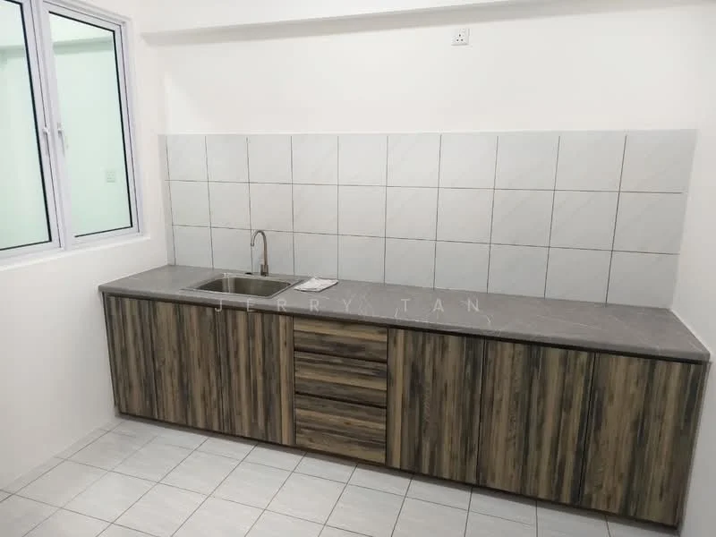 Kitchen features: single-bowl stainless-steel sink, chrome pull-down faucet, grey marble countertop, wood cabinetry with horizontal grain, 3 drawers, white tiled backsplash, white tiled walls, ceramic tile flooring; style: modern.