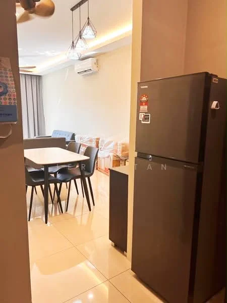 Dining features: 4-seater dining table, black dining chairs, refrigerator, wall-mounted split AC, grey sofa, floor-to-ceiling windows with curtains, light fixtures, polished tile flooring; style: modern.