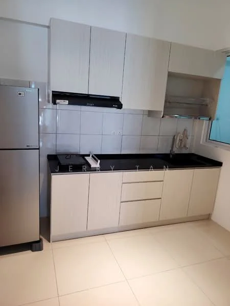 Kitchen features: white laminate cabinetry, black granite countertop, stainless-steel fridge, built-in range hood, white tiled backsplash, single-bowl stainless-steel sink, chrome pull-down faucet, under-cabinet lighting, ceramic tile flooring, window with natural light; style: modern.