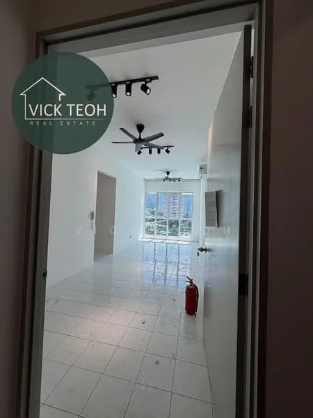 Room features: white painted walls, glossy white tile flooring, recessed LED downlights, 2 ceiling fans, large floor-to-ceiling window, fire extinguisher, open layout, city view; style: modern; view: city.