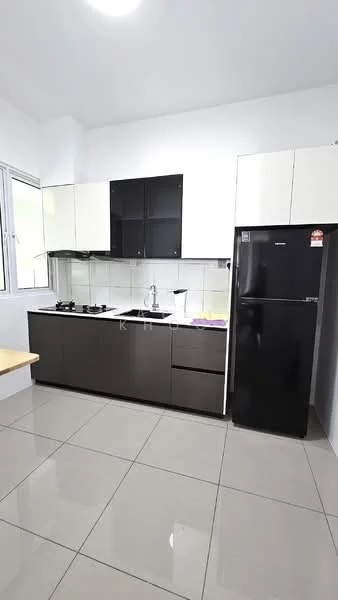 Kitchen features: black and white cabinetry, stainless-steel sink, chrome pull-down faucet, 2-burner gas hob, built-in oven, black fridge, white tiled backsplash, grey ceramic tile flooring, window with white frame, countertop with wooden edge, under-cabinet lighting; style: modern.