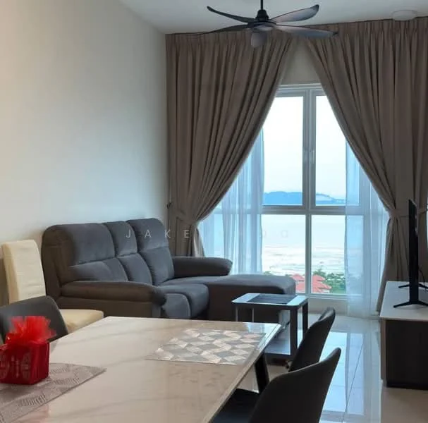 Living features: grey fabric sectional sofa, white dining table, black dining chairs, floor-to-ceiling windows, sheer curtains, ceiling fan, TV console, wall-mounted TV, decorative items on table, tile flooring, ocean view; style: modern; view: sea.