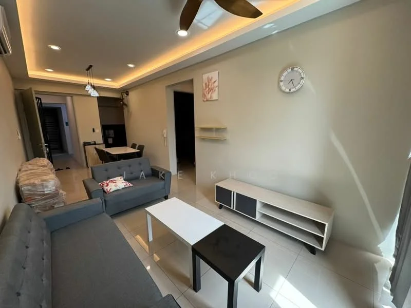 Living features: grey fabric 3-seater sofa, grey fabric 2-seater sofa, white coffee table, black TV console, wall-mounted clock, recessed LED downlights, ceiling fan, cream painted walls, tile flooring, open shelving unit; style: modern.