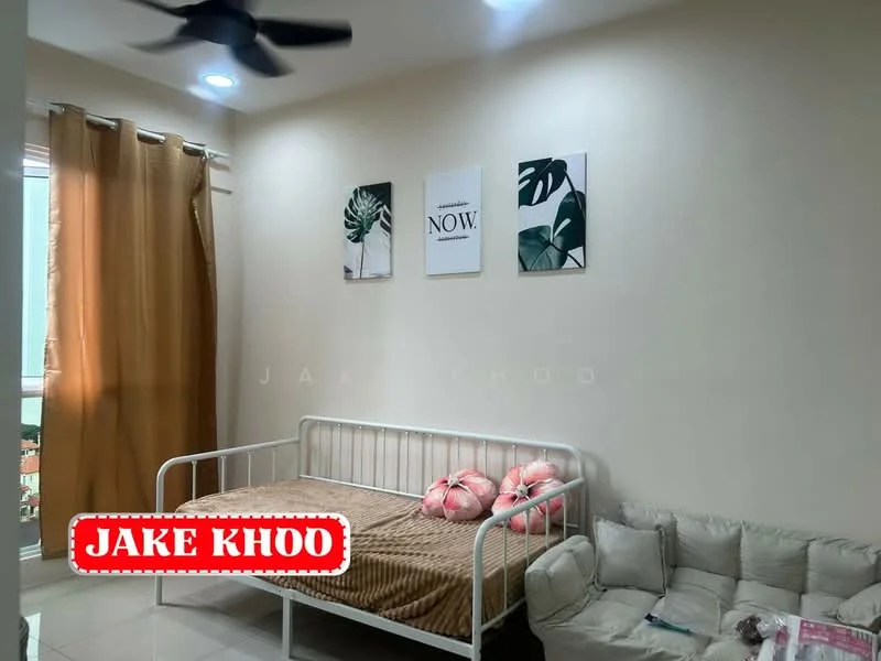 Living features: white painted walls, glossy tile flooring, 5-blade ceiling fan with light, large window with sheer curtains, sofa in light beige, metal daybed with white frame, decorative cushions in pink, framed wall art with botanical prints, LED ceiling lights; style: modern; view: city.